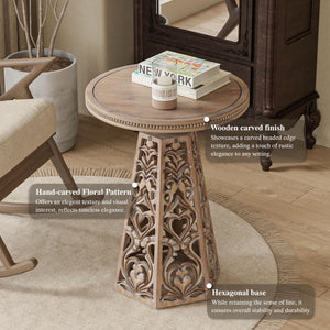Round Carved Floral End Table – Rustic Farmhouse Accent Table