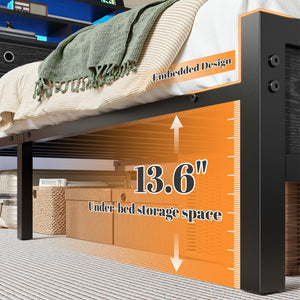 King Size Bed Frame with LED Lights, Storage Headboard & Charging Ports