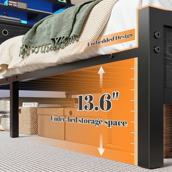 King Size Bed Frame with LED Lights, Storage Headboard & Charging Ports