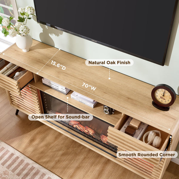 70" Fireplace TV Stand with 36" Electric Fireplace & Slatted Sliding Doors