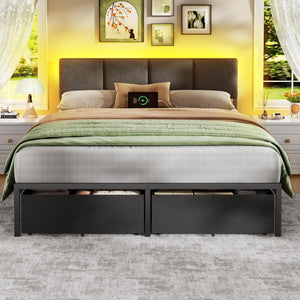 Queen Bed Frame with LED Lights, Storage Drawers & Charging Station