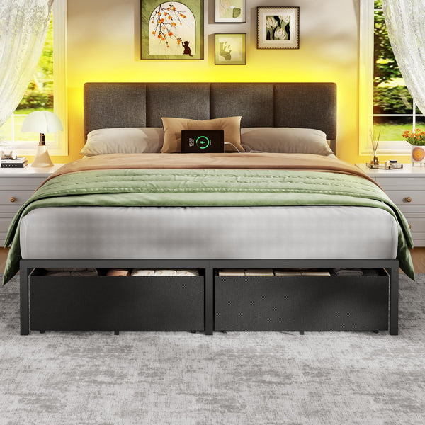 Queen Bed Frame with LED Lights, Storage Drawers & Charging Station