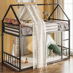 Twin Over Twin House Bunk Bed with Metal Frame, Ladder & Guardrail