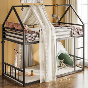 Twin Over Twin House Bunk Bed with Metal Frame, Ladder & Guardrail