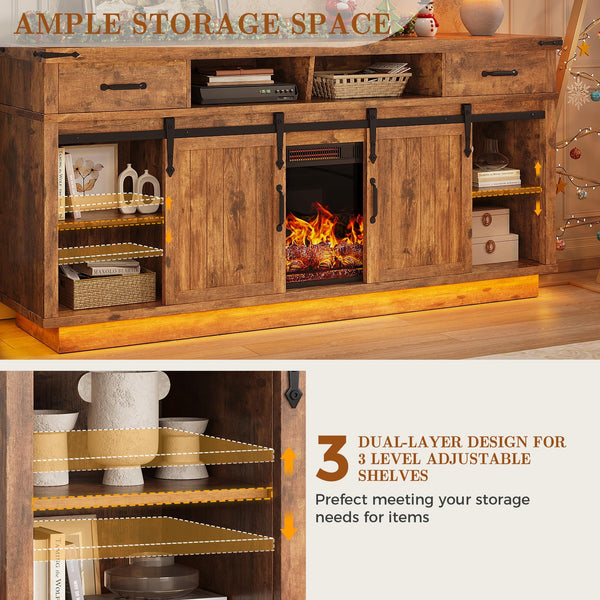 Fireplace TV Stand with Electric Fireplace, LED Light & Sliding Barn Door – Fits TVs up to 65"