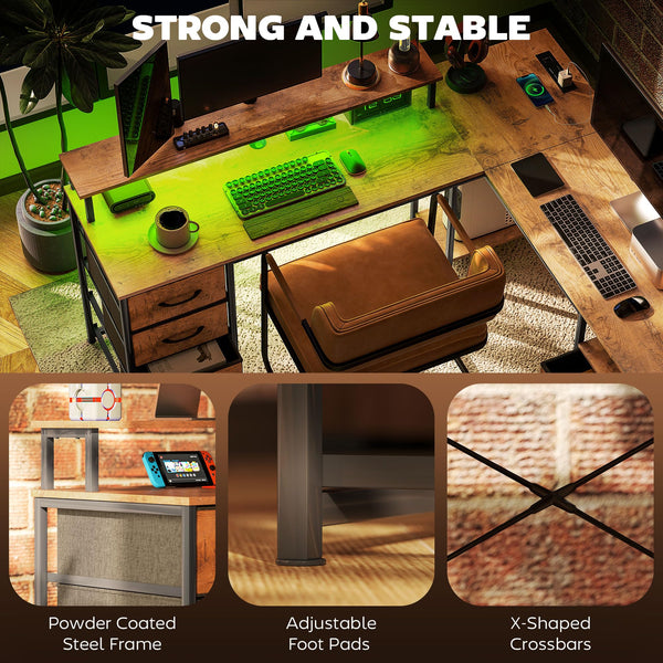 L-Shaped Computer Desk with File Cabinet, Power Outlets & LED Lights