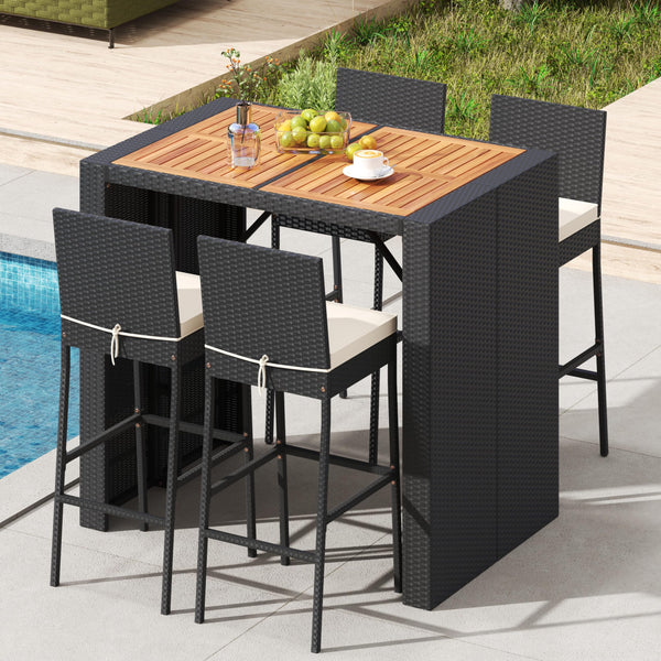 5-Piece Outdoor Wicker Bar Set with Acacia Wood Table & Cushioned Stools