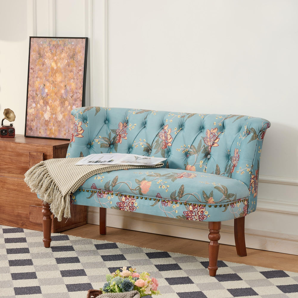 Victorian Armless Loveseat with Tufted Back & Solid Wood Legs – Floral Blue