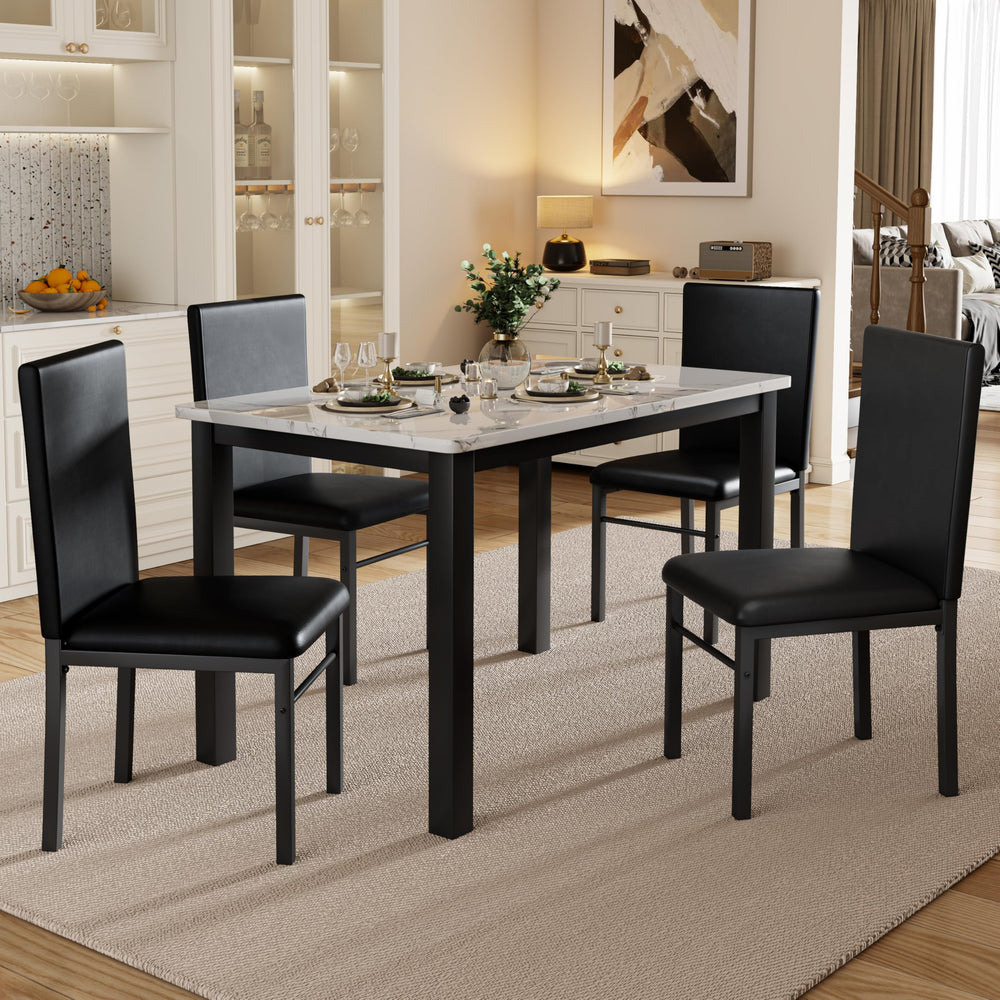 5-Piece Dining Table Set with Faux Marble Top & Metal Frame
