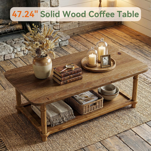 Solid Wood Rectangle Coffee Table with 2-Tier Storage