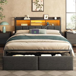 Upholstered Platform Bed Frame with Storage Drawers, LED Lights & Charging Station