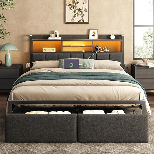 Upholstered Platform Bed Frame with Storage Drawers, LED Lights & Charging Station