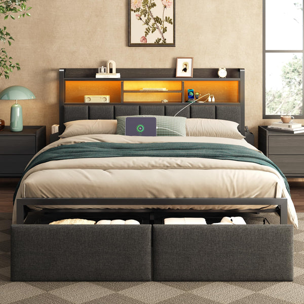 Upholstered Platform Bed Frame with Storage Drawers, LED Lights & Charging Station