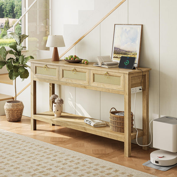 Rattan Console Table with Charging Station & 3 Drawers