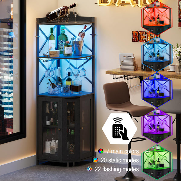 5-Tier Corner Bar Cabinet with LED Lights and Glass Holder
