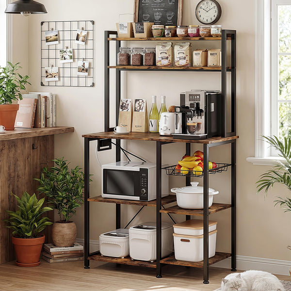 Bakers Rack with Power Outlet, Wire Basket & Coffee Bar