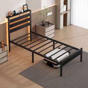 Metal Platform Bed Frame with LED Lights, USB Charging & Storage Headboard