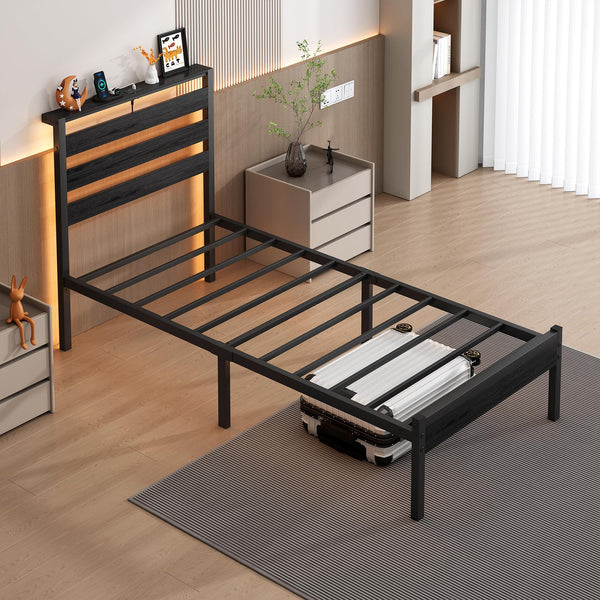 Metal Platform Bed Frame with LED Lights, USB Charging & Storage Headboard