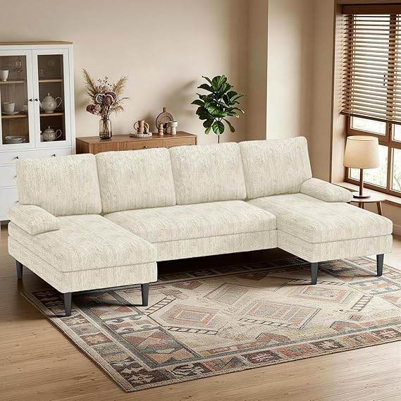 U-Shaped Sectional Sofa with Double Chaise Lounge, 101" Chenille 4-Seat Couch