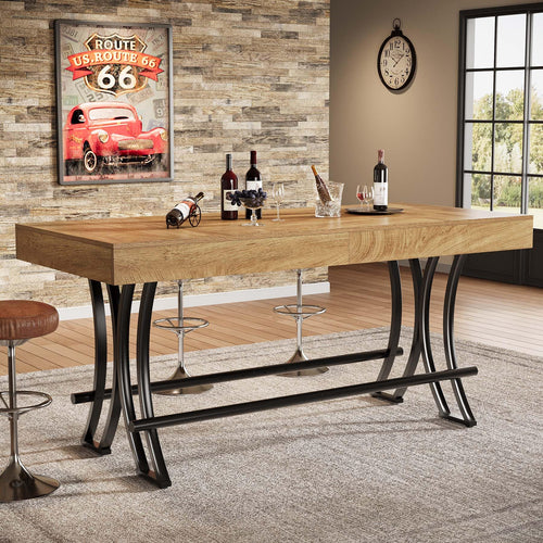 63" Counter Height Bar Table with Metal Footrest — Rustic Brown