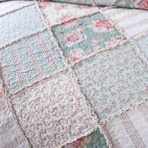 Cottage Patchwork Quilt Set – Mint Blue Pastel Floral
