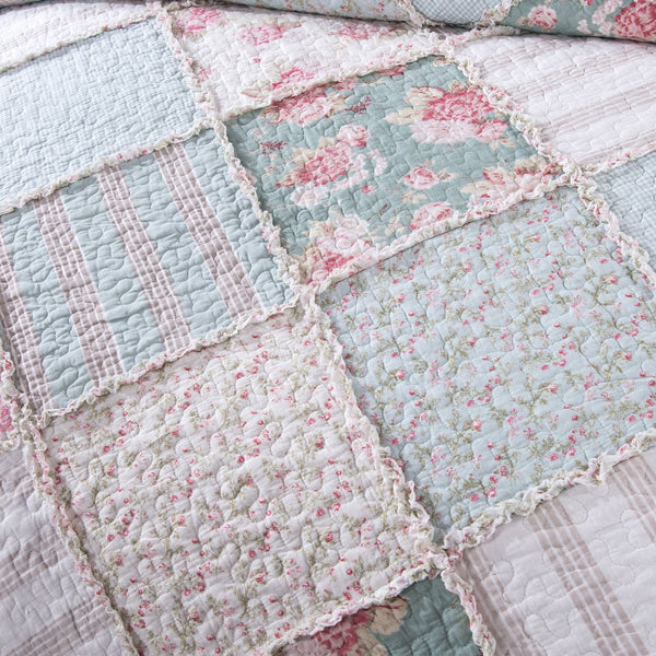 Cottage Patchwork Quilt Set – Mint Blue Pastel Floral