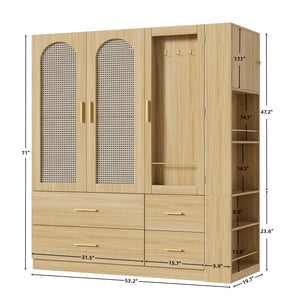 3-Door Rattan Armoire Wardrobe with LED Mirror & Drawers