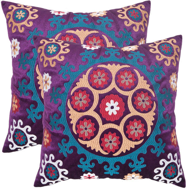 Suzani Embroidered Decorative Throw Pillows, Gold & Purple, Set of 2