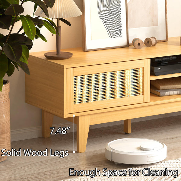 Rattan TV Stand with Sliding Doors & Open Shelves