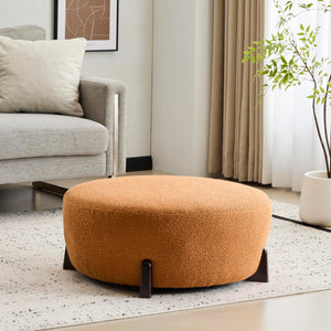 Round Boucle Ottoman with Wooden Legs