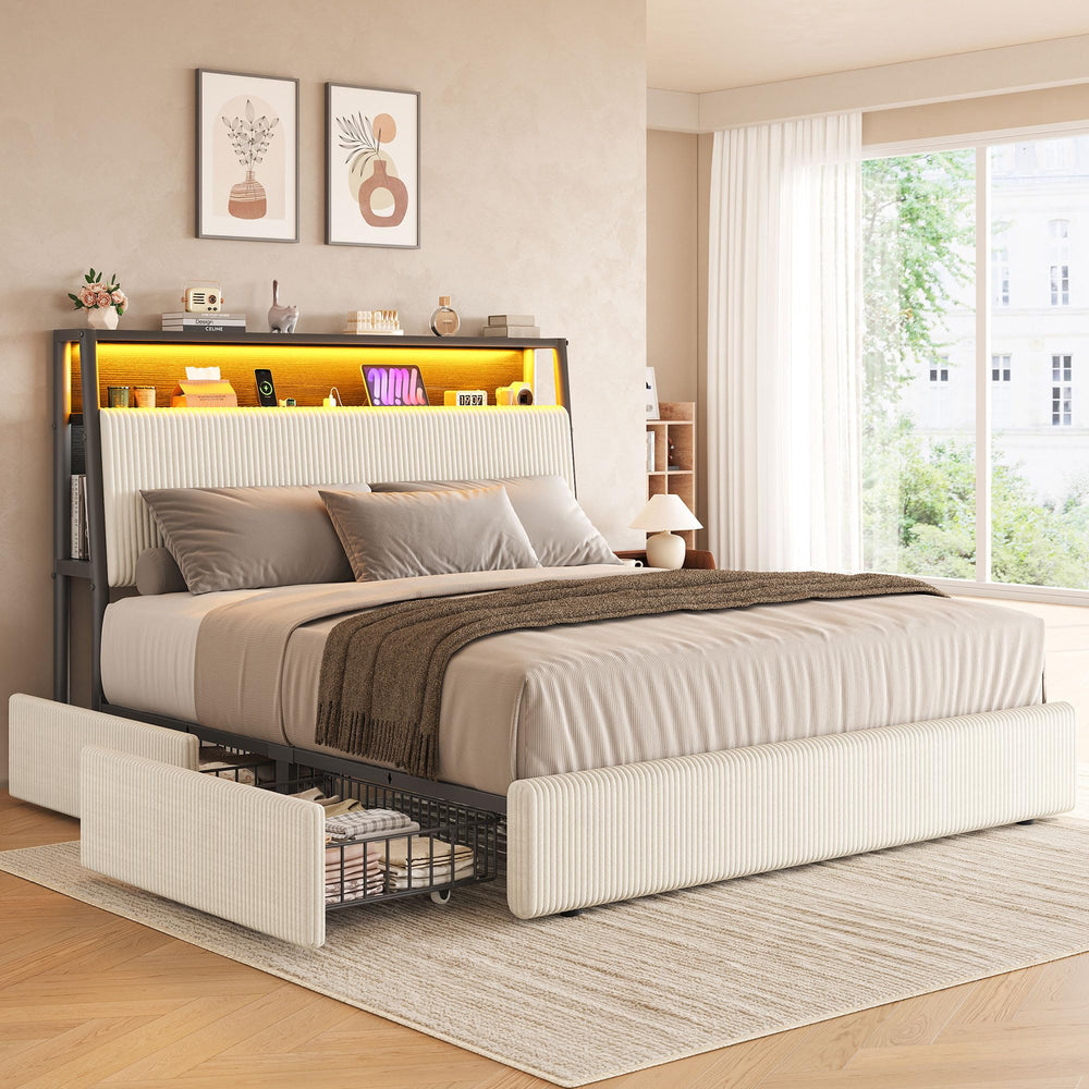 Queen LED Platform Bed with Storage Drawers & Bookcase Headboard