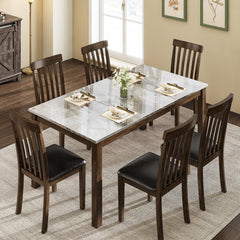 7-Piece Farmhouse Dining Table Set with Faux Marble Top & Cushioned Chairs