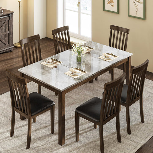 7-Piece Farmhouse Dining Table Set with Faux Marble Top & Cushioned Chairs
