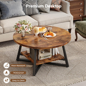 Round Coffee Table with Storage – 2-Tier Modern Wood & Metal Design