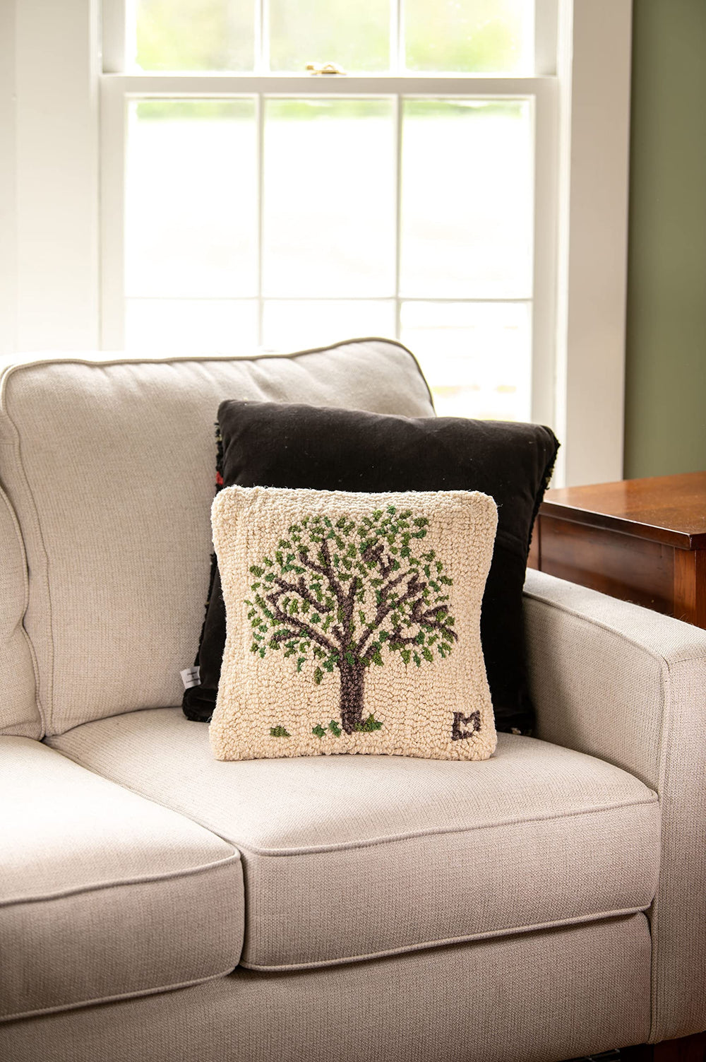 Tree of Life Wool Throw Pillow 14x14 – Green & White