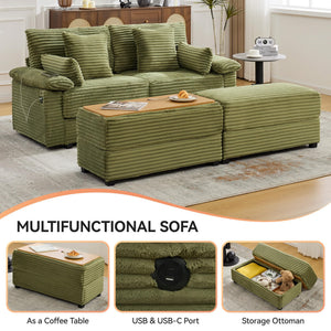 Corduroy Loveseat with Storage Ottomans & USB Port
