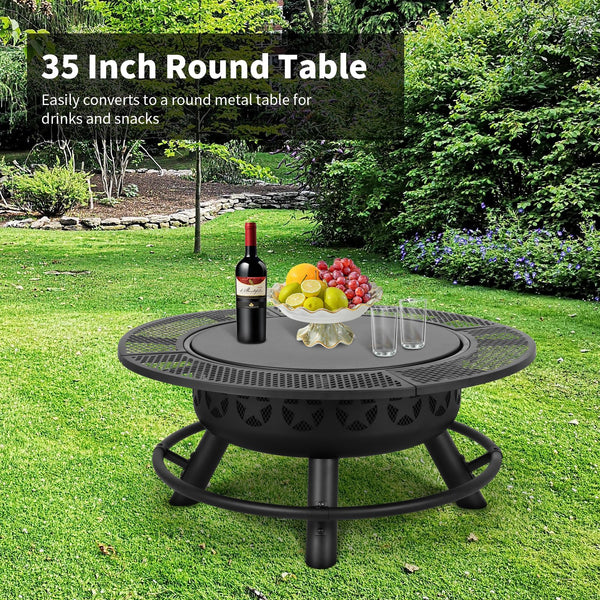35 Inch Outdoor Wood Burning Fire Pit with Cooking Grate & Cover Lid
