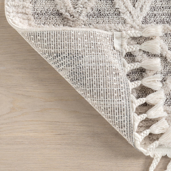 Moroccan Lattice Tassel Area Rug 8x11 | High-Pile Plush Shag | Light Grey