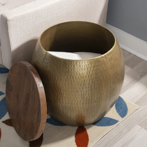 Hammered Metal Storage Drum Side Table with Wood Top