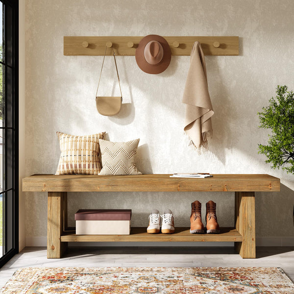 Solid Wood Entryway Bench with Open Shelves