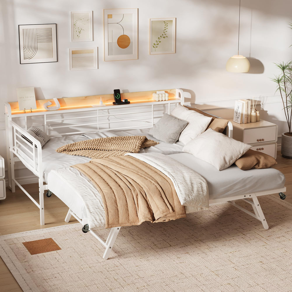 Twin Daybed with Pop-Up Trundle, RGB LED Headboard & Charging Station