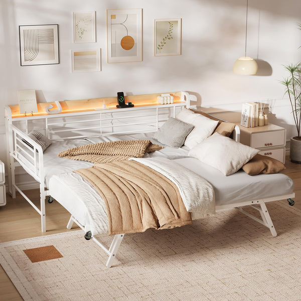 Twin Daybed with Pop-Up Trundle, RGB LED Headboard & Charging Station