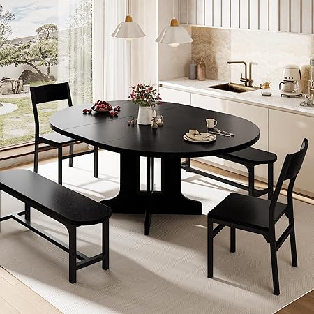 5-Piece Extendable Round Dining Table Set with Chairs and Benches
