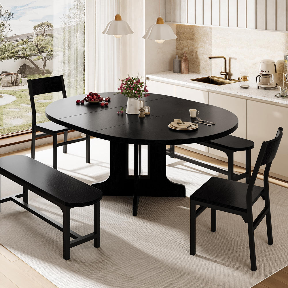 5-Piece Extendable Round Dining Table Set with Chairs and Benches