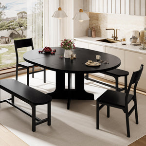 5-Piece Extendable Round Dining Table Set with Chairs and Benches