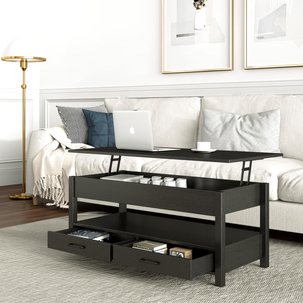 Lift Top Coffee Table with 2 Drawers and Open Shelf