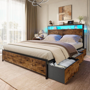 Full/Queen Platform Bed Frame with Storage Headboard, 6 Drawers & LED Lights
