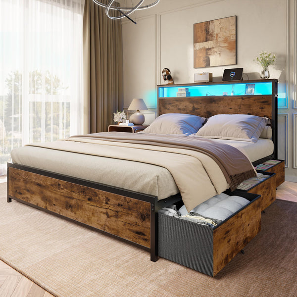 Full/Queen Platform Bed Frame with Storage Headboard, 6 Drawers & LED Lights