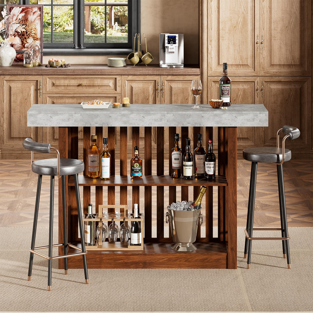 Modern Bar Table with Faux Marble Top & Storage Shelves