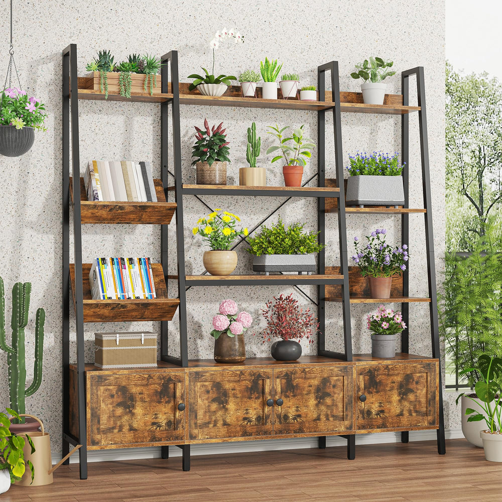 Ladder Bookshelf with 4 Doors & 12 Open Shelves